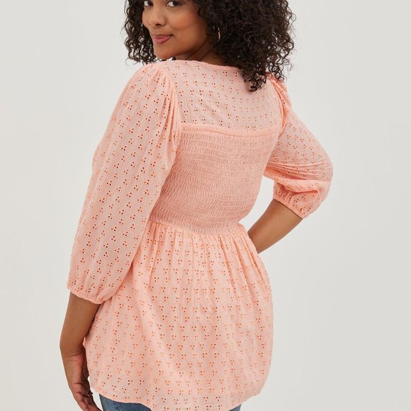 Torrid Smocked Babydoll Top Blouse Voile Eyelet Peach Size 2/2X - Picture 2 of 12